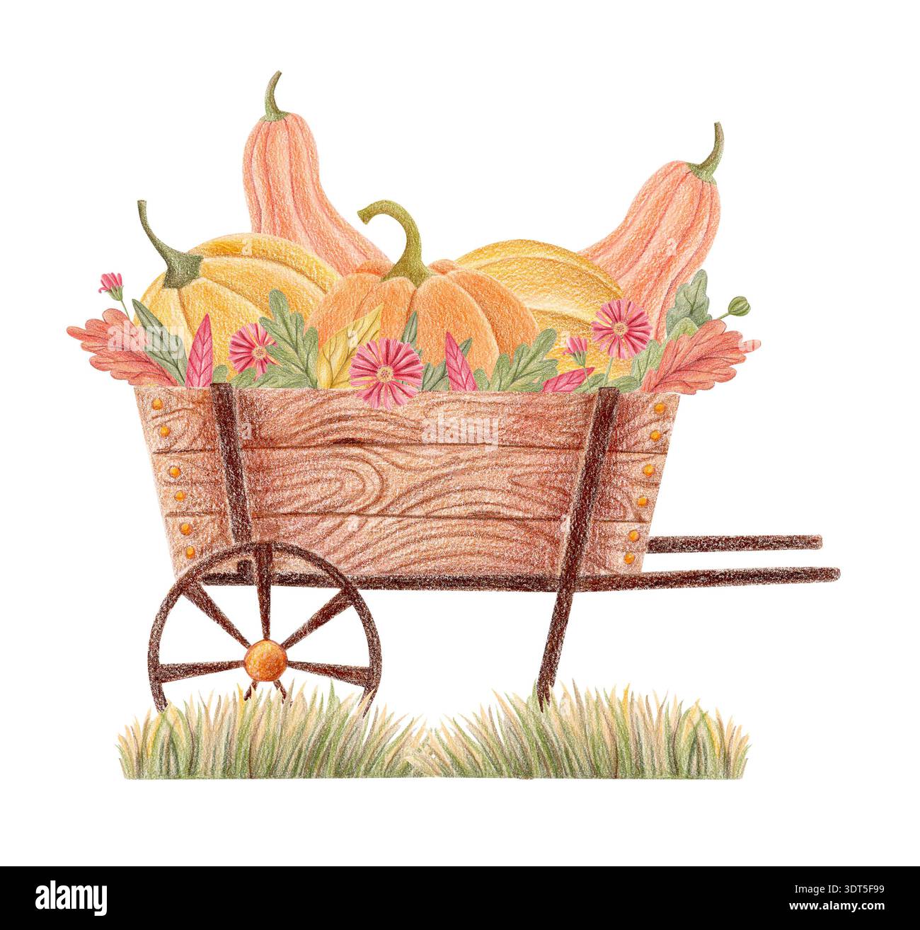 Carrello per il raccolto autunnale con zucche e caramelle, illustrazione disegnata a mano Foto Stock