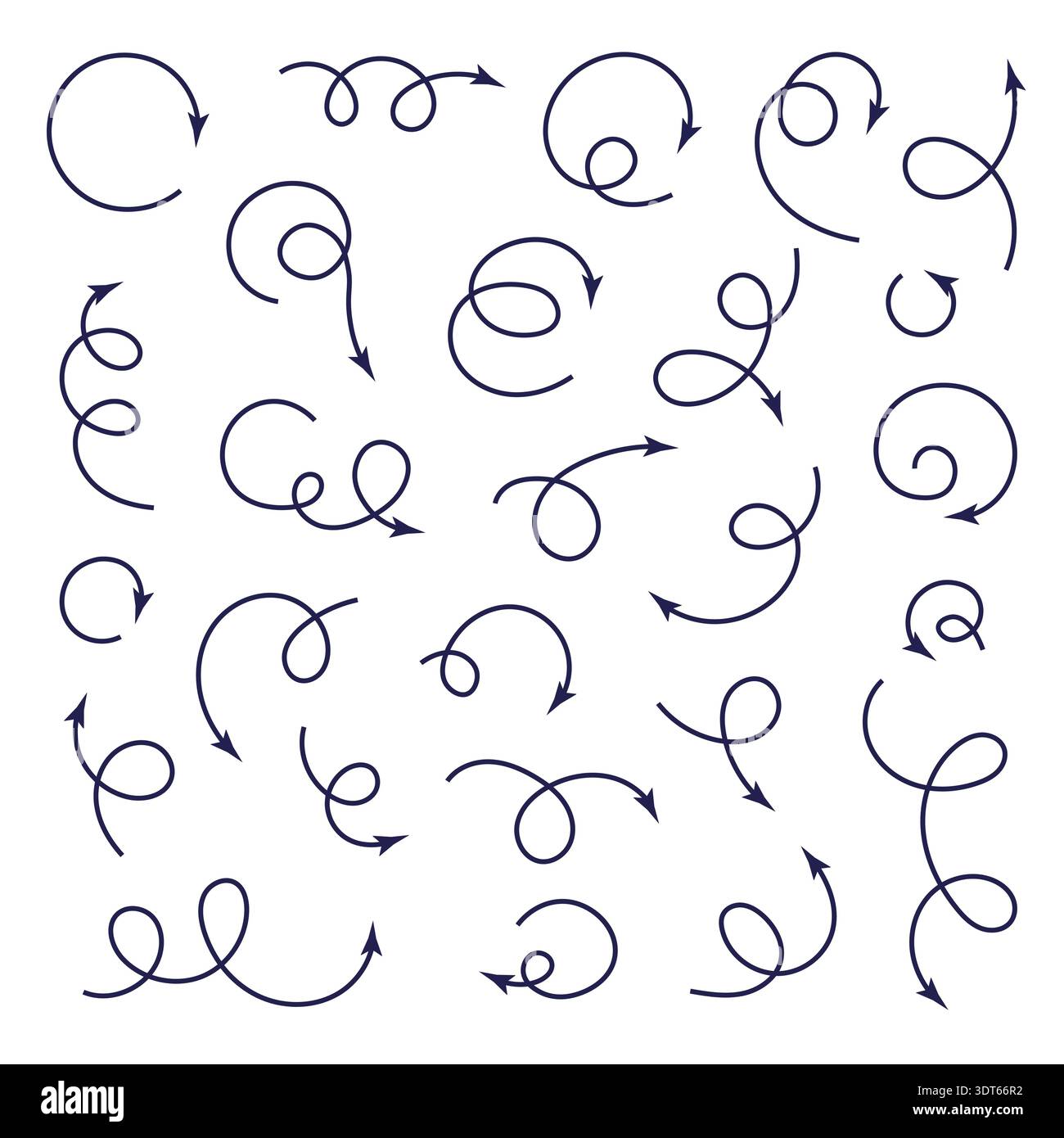 Set di vettori freccia linea disegnata a mano. Direzione dell'elemento freccia del lop di schizzo illustrazione semplice raccolta di forme a spirale Illustrazione Vettoriale