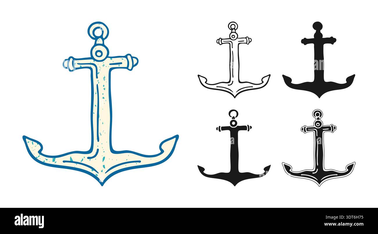 Ancora illustrazione vettoriale modelli disegnati a mano incisione vintage, grafica a linee grunge e audace silhouette nera. Simbolo nautico marino disegnato con linee a inchiostro, atmosfera marinara vintage, look monocromatico Illustrazione Vettoriale