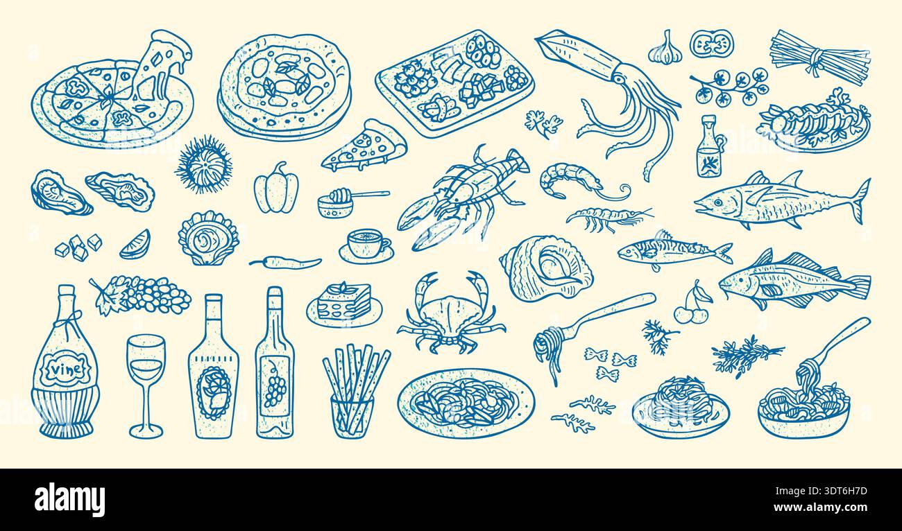 Illustrazione di piatti mediterranei disegnati a mano ispirati alla cucina italiana e spagnola. Atmosfera costiera estiva con vino e frutti di mare. Opere d'arte in stile grunge minimale e stile doodle vintage, atmosfera del sud Illustrazione Vettoriale