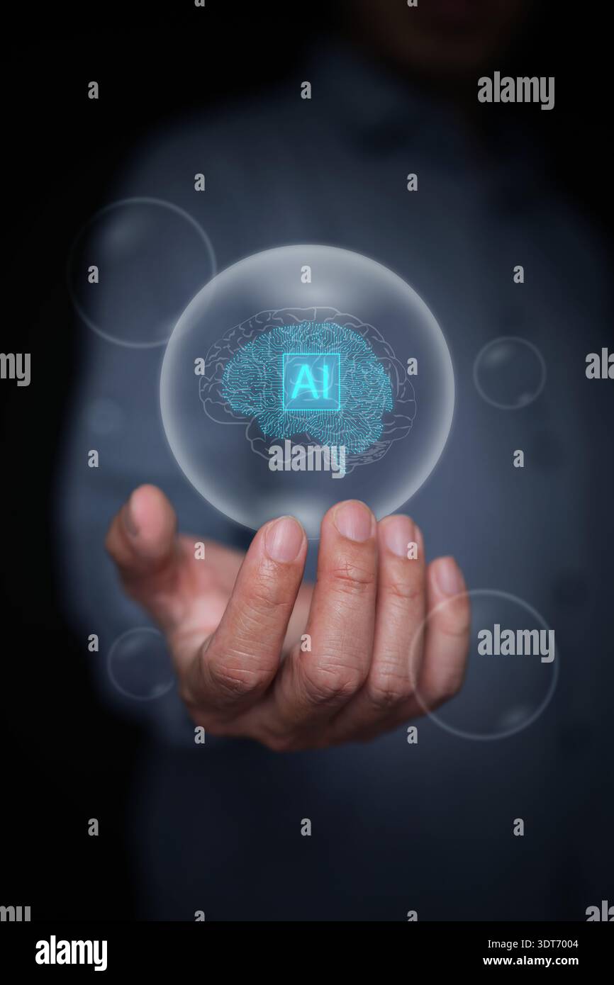 Concetto di "AI Bubble". Mano che tiene il cervello ai in bolle trasparenti. Possibile esplosione di investimenti nella tecnologia dell'intelligenza artificiale, rischio finanziario, Mark Foto Stock