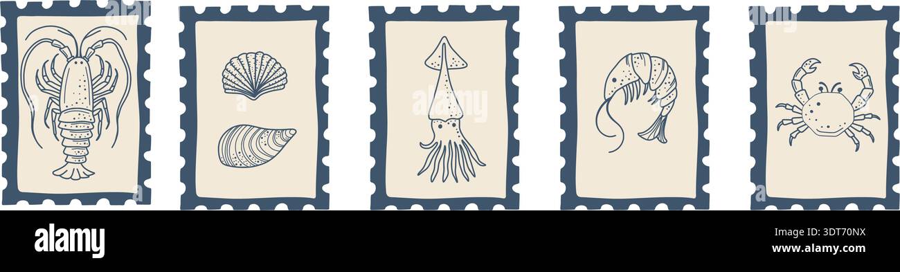 Francobolli decorativi in stile vintage con elementi di pesce. Set di ispirazione costiera adatto per packaging, branding, poster e progetti creativi Illustrazione Vettoriale