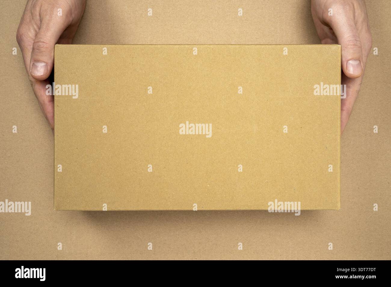 Mani con scatola di cartone marrone per l'imballaggio e la consegna. Packaging mockup, concetto di servizio di consegna Foto Stock