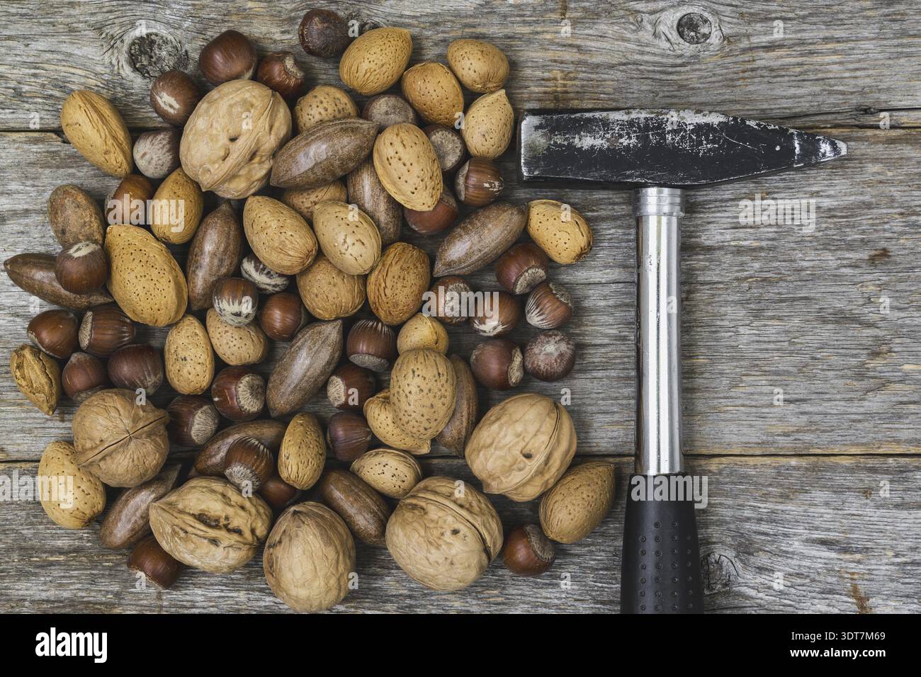 Martello e mucchio di vari dadi su fondo di legno. Le noci sono un alimento sano e nutriente Foto Stock