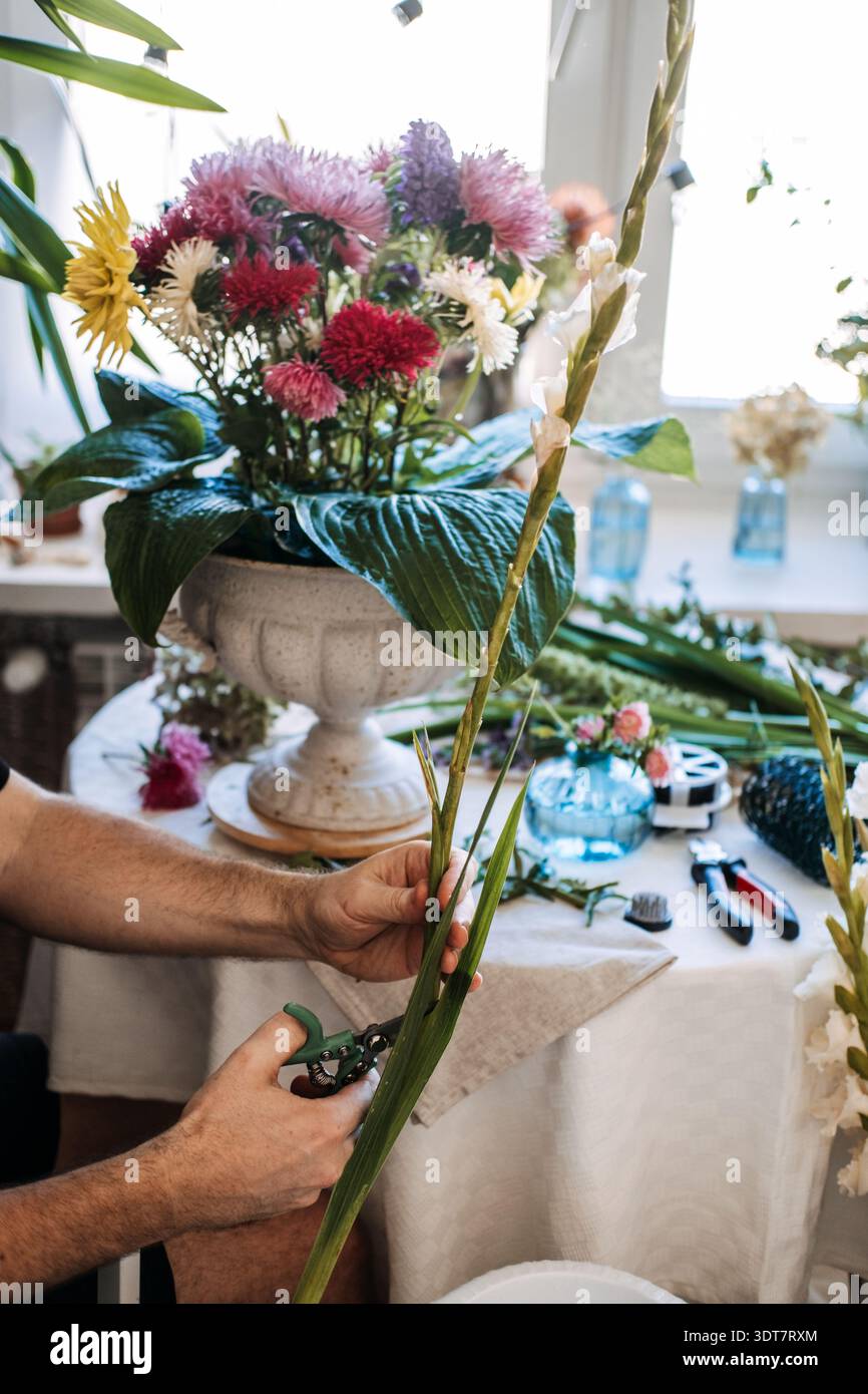 Le mani dell'uomo usano potatrici da giardino per tagliare l'alto stelo di gladiolus sul tavolo. Design floreale artigianale, mani esperte, maestri artigiani al lavoro, creativi Foto Stock