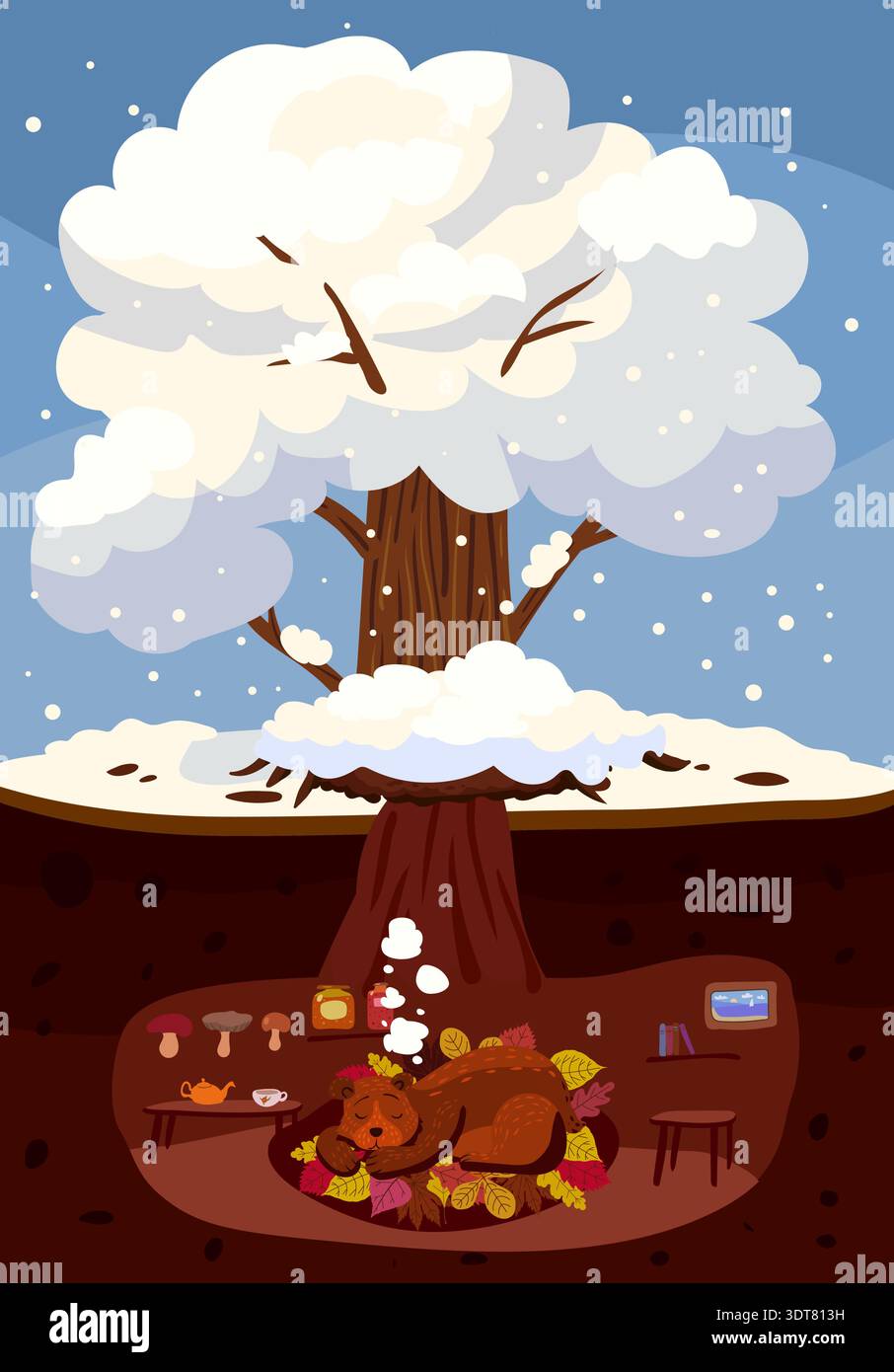 L'albero invernale bianco neve, l'orso carino dorme in una tana, buca Illustrazione Vettoriale