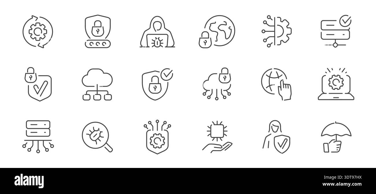 Set di icone della linea di sicurezza informatica e protezione dei dati, sicurezza del cloud e della rete Illustrazione Vettoriale
