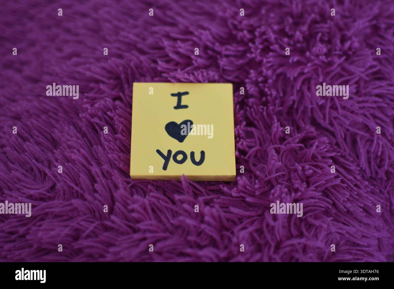 Nota adesiva gialla che recita "i Love You" sul giocattolo ripieno rosa. Concetto romantico che trasmette amore, affetto, calore, carezza e messaggio sincero. Foto Stock