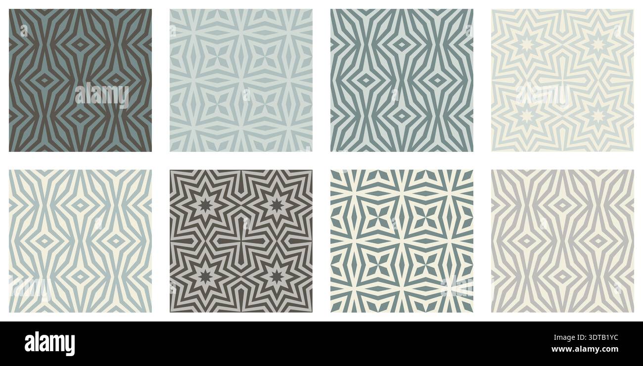 Motivo geometrico senza cuciture beige blu, set di 8 campioni vettoriali in tonalità di colore neutre, perfetto per progetti di arredamento, tessuti e carte da parati Illustrazione Vettoriale