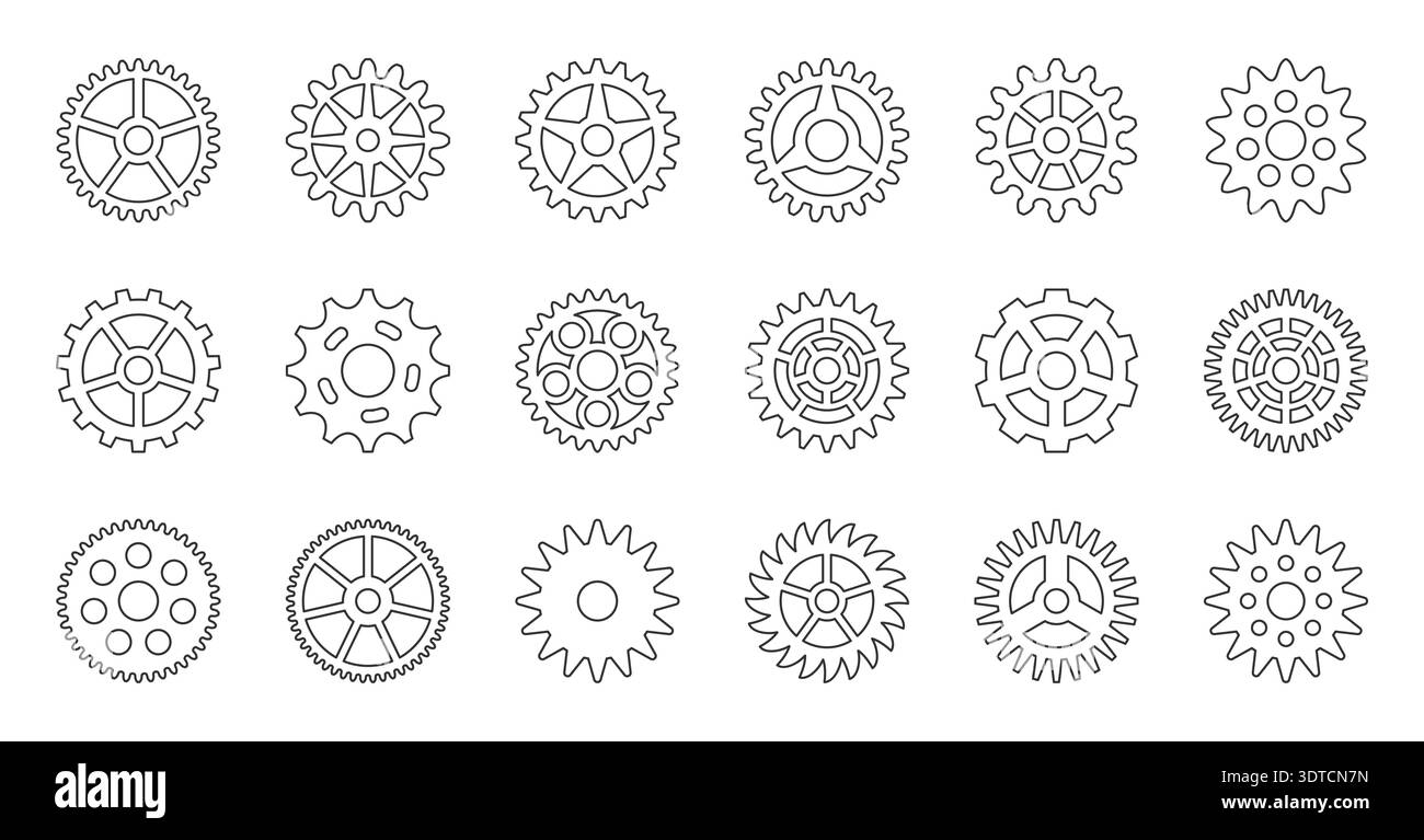 Set di icone della linea nera Gears Cogs. Ruota dentata tecnologia di ingegneria meccanica profilo industriale ruote dentate in metallo per progetti di automazione industriale. Elementi di produzione dei macchinari. Illustrazione vettoriale Illustrazione Vettoriale