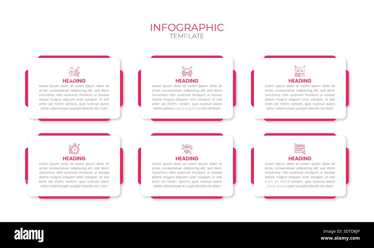 Moderno modello infografico con sei passaggi, accenti rosa, icone e blocchi di testo. Perfetto per flussi di lavoro, presentazioni, processi aziendali e dati visu Illustrazione Vettoriale