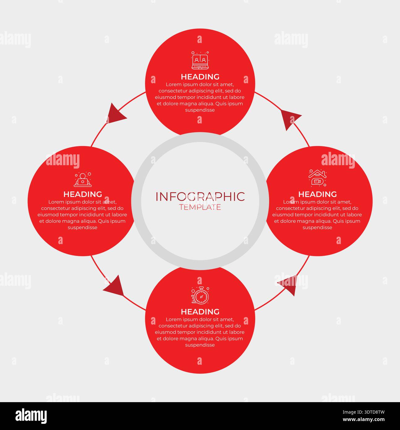 Infografica circolare a 4 fasi con forme rotonde rosse e frecce. Ideale per la progettazione di workflow, processi aziendali, presentazioni, tempistiche e strategie Illustrazione Vettoriale