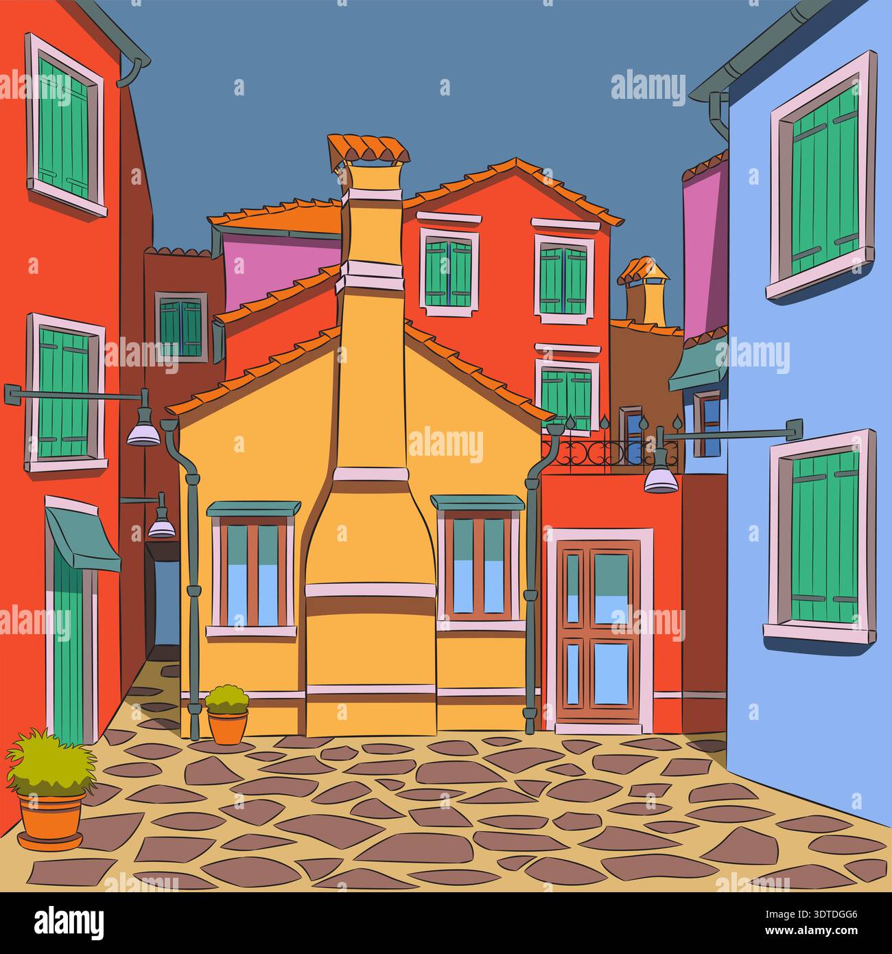 Cortile colorato sull'isola di Burano, illustrazione vettoriale di Venezia Illustrazione Vettoriale