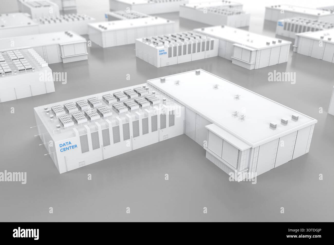rendering 3d dell'edificio isometrico del data center all'esterno del parco industriale Foto Stock