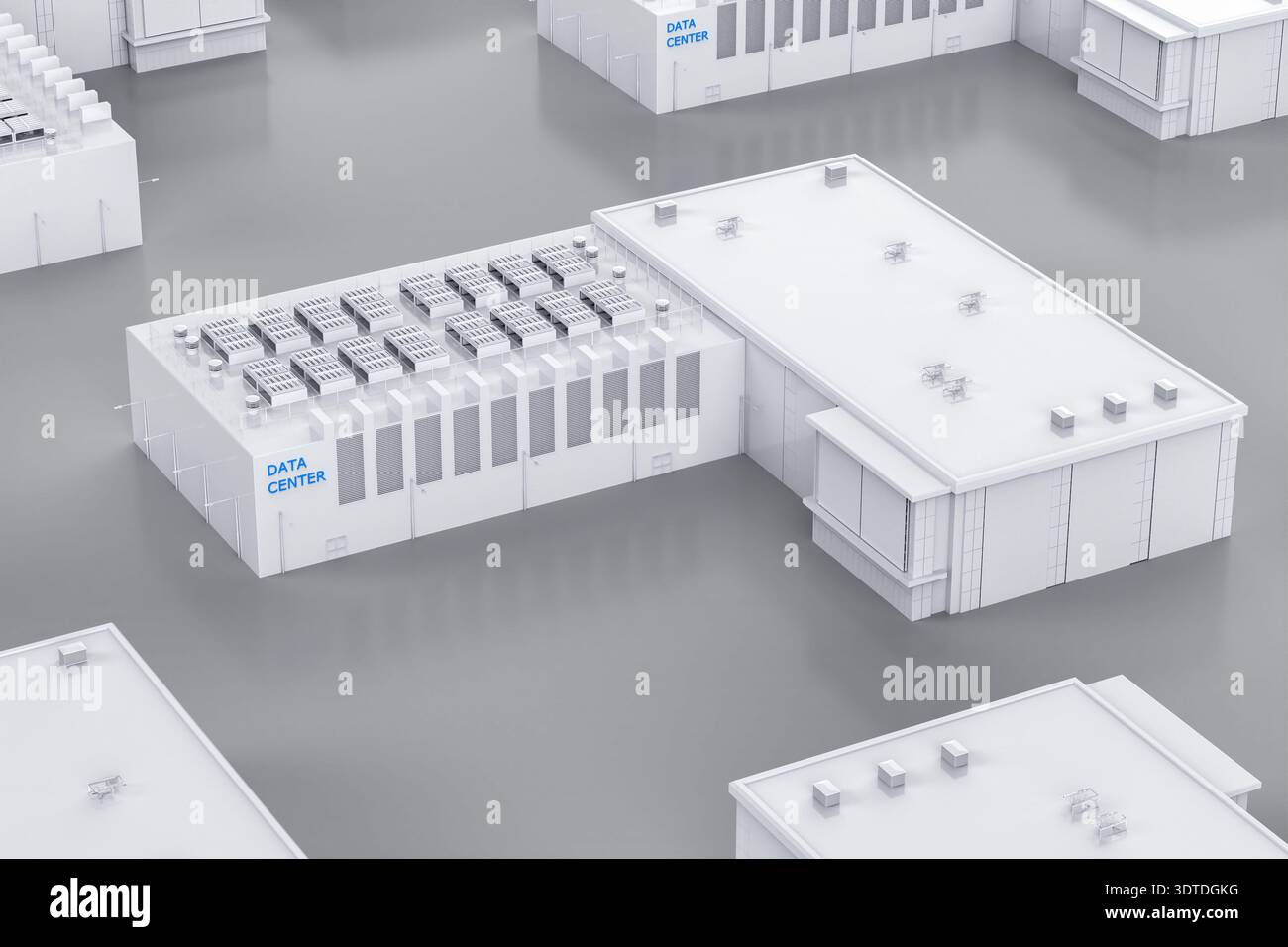 rendering 3d dell'edificio isometrico del data center all'esterno del parco industriale Foto Stock