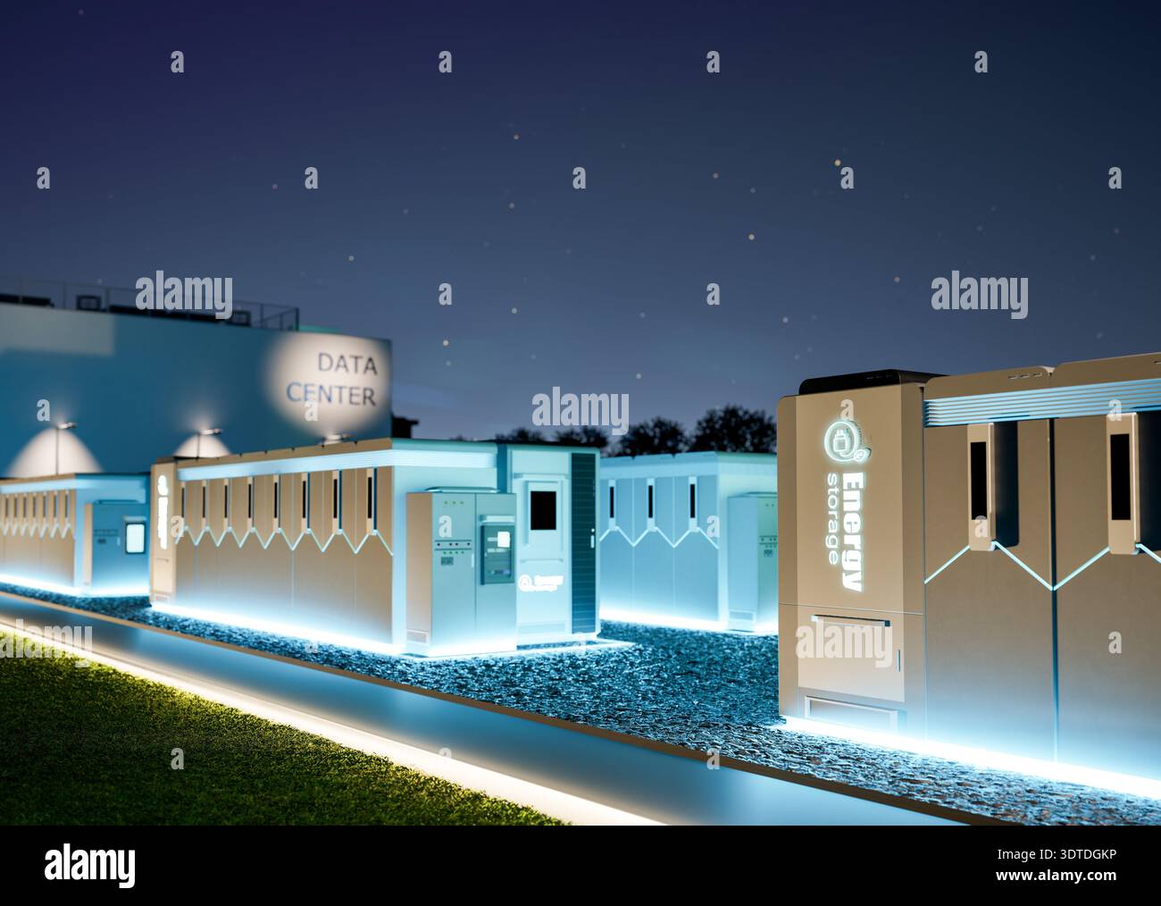 sistemi di rendering 3d per l'immagazzinamento dell'energia o unità contenitore della batteria per data center di notte Foto Stock