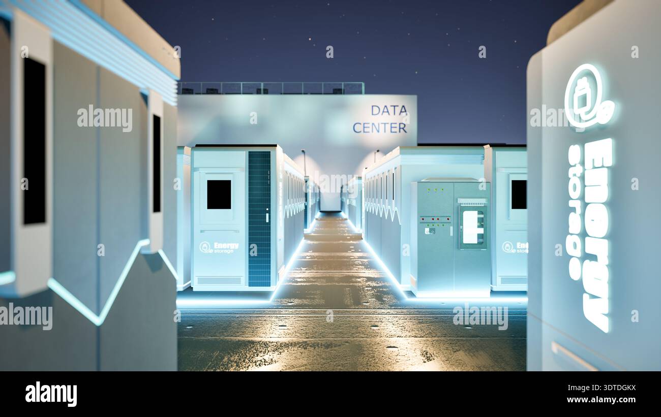 sistemi di rendering 3d per l'immagazzinamento dell'energia o unità contenitore della batteria per data center di notte Foto Stock