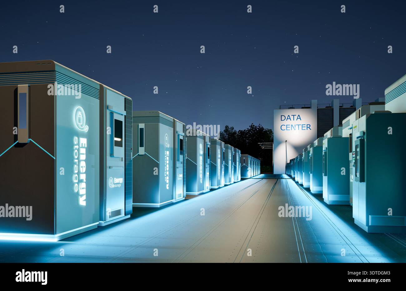 sistemi di rendering 3d per l'immagazzinamento dell'energia o unità contenitore della batteria per data center di notte Foto Stock