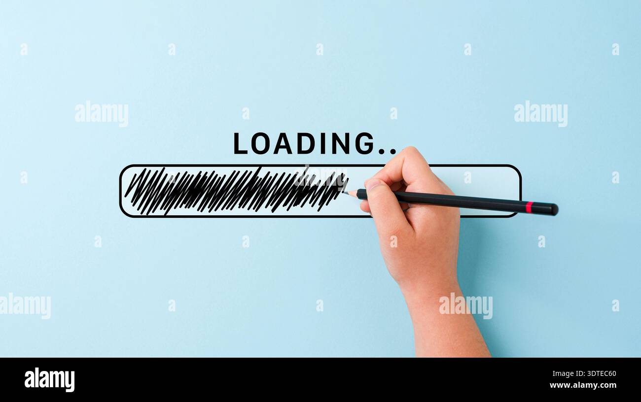 Concetto di avanzamento barra di caricamento disegno a mano su sfondo blu Foto Stock