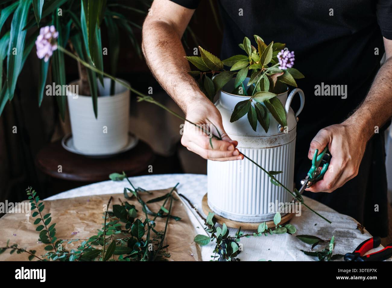 Le mani sistemano con cura i lunghi rami a foglia e i piccoli fiori viola all'interno della caraffa bianca scanalata. Fiorista fai da te, tutorial di design floreale, fioristeria amatoriale Foto Stock