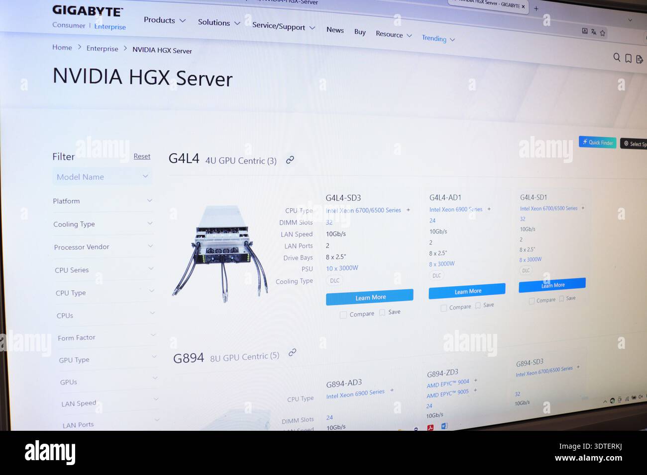 Monitor del computer che visualizza informazioni sull'hardware del server. La schermata mostra le specifiche dei server per data center e infrastruttura tecnologica Foto Stock