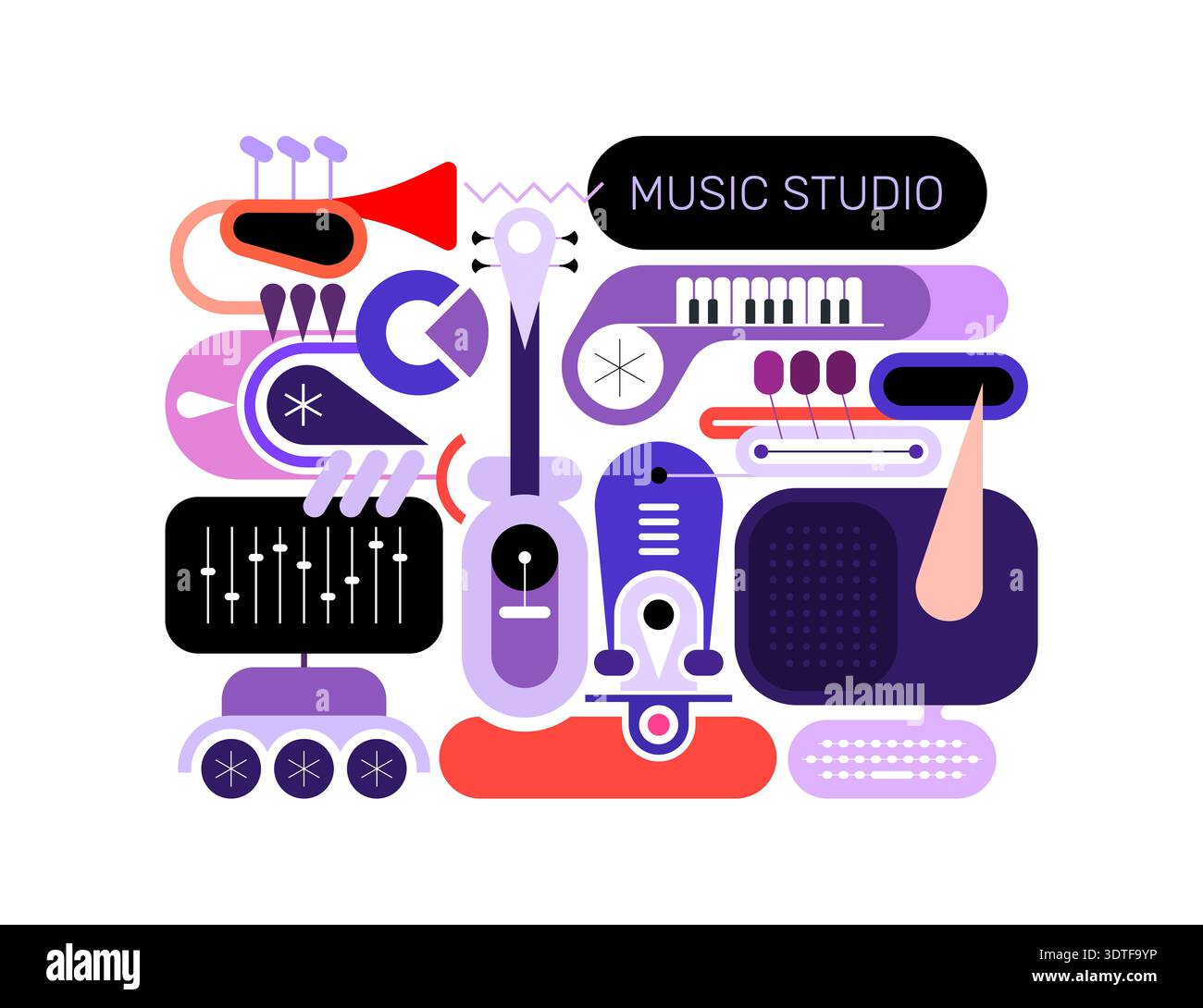 Illustrazione astratta vettoriale con chitarra, pianoforte tastiera, trombe e apparecchiature elettroniche musicali. Progettato in uno stile geometrico piatto isolato su un Foto Stock