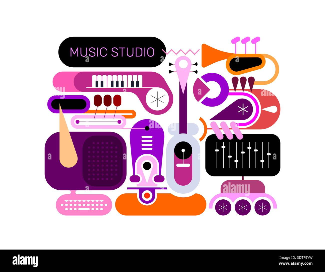 Illustrazione astratta vettoriale con chitarra, pianoforte tastiera, trombe e apparecchiature elettroniche musicali. Progettato in uno stile geometrico piatto isolato su un Foto Stock