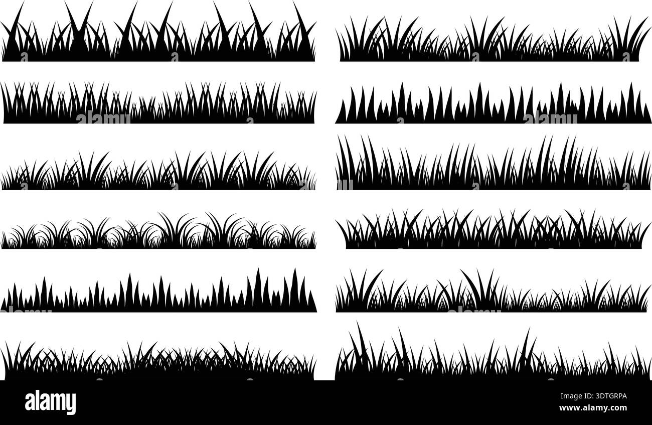 Sagoma orizzontale vettoriale in erba nera su sfondo bianco - elemento grafico di design Illustrazione Vettoriale