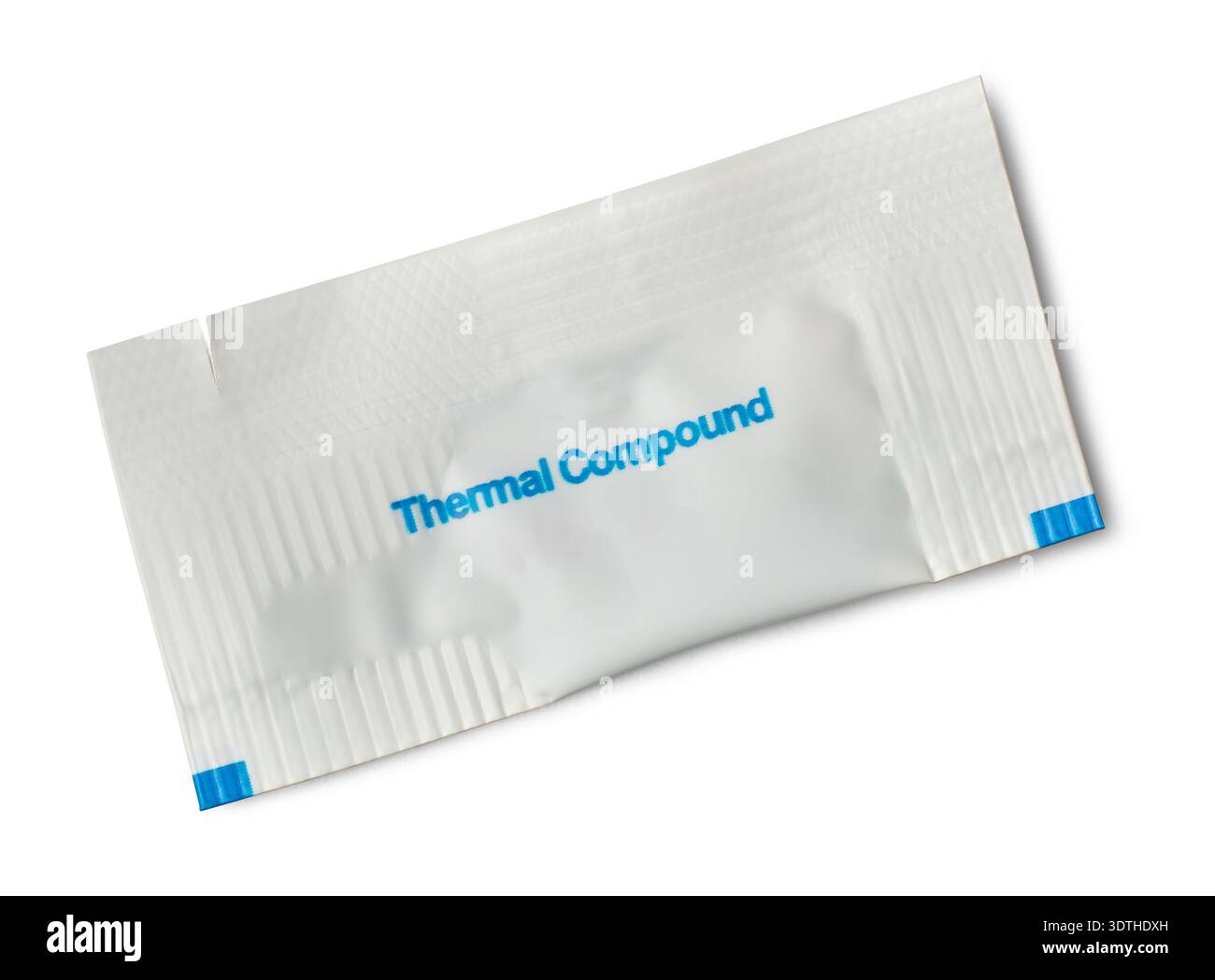 pacchetto composto termico in plastica bianca sigillata sfondo bianco isolato, testo stampato in blu sul modello mockup, vista dall'alto con ombre Foto Stock