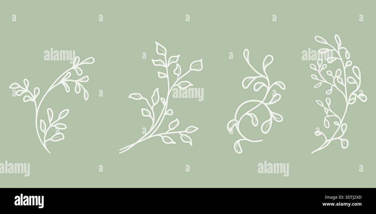 Ramoscelli di primavera con petali e foglie. Illustrazione vettoriale. Set di piante estive per telai e corone, disegnate a mano, isolate su sfondo verde. Somma Illustrazione Vettoriale