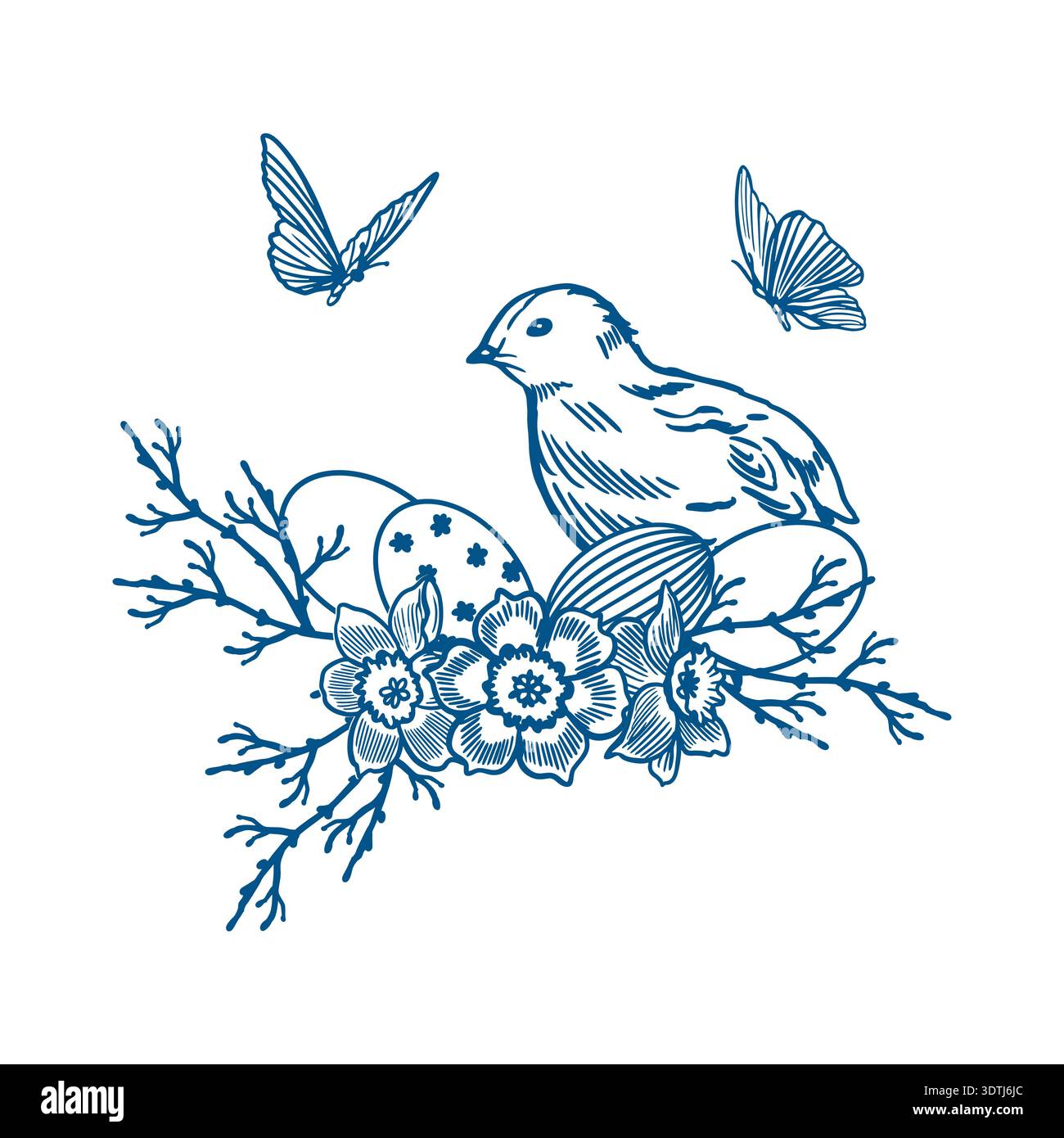 Pulcino pasquale con uova dipinte, un mazzo di fiori, rametti e farfalle volanti. Illustrazione vettoriale disegnata a mano in stile line art per biglietti d'auguri Illustrazione Vettoriale