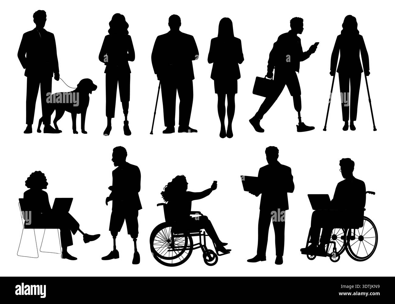 Silhouette nera raffigurante diversi uomini e donne Illustrazione Vettoriale