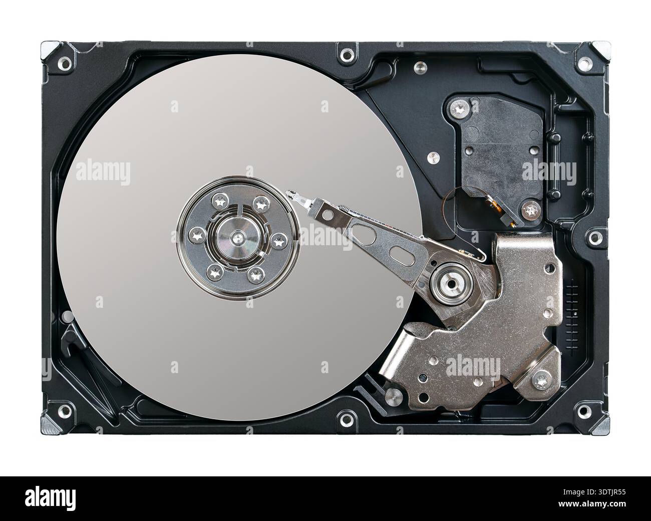 Struttura interna di un'unità disco rigido, HDD, dopo aver sollevato il coperchio. I componenti principali sono i vassoi che memorizzano i dati, il motore dell'alberino e il braccio dell'attuatore. Foto Stock