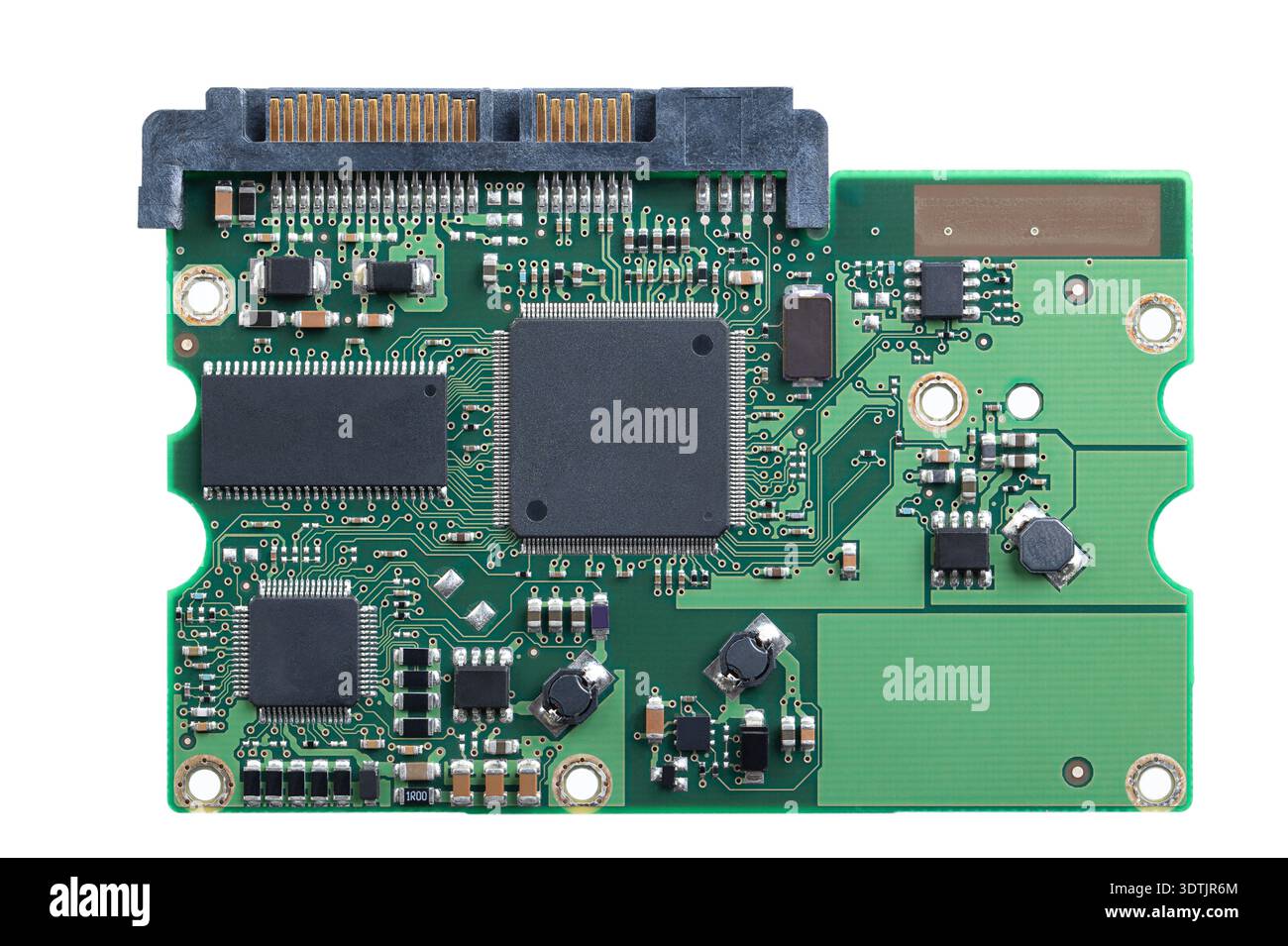 Scheda a circuito stampato, PCB di un'unità disco rigido, HDD, dall'alto. Pezzo piatto in fibra di vetro stratificato con tracce di rame, memoria e chip di supporto. Foto Stock