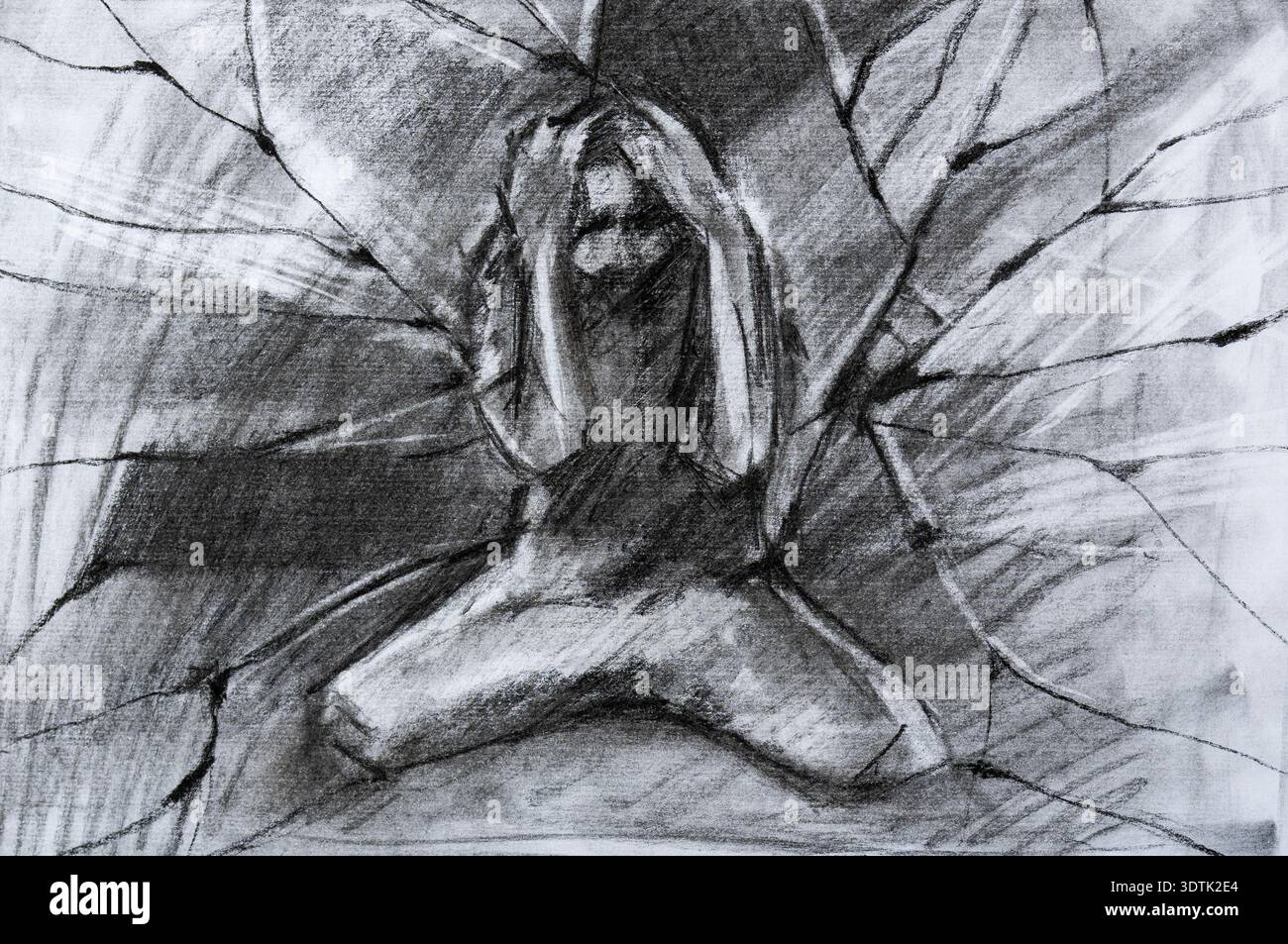 Charcoal Illustration of a Man in Deep Despair and Loneliness. Foto Stock