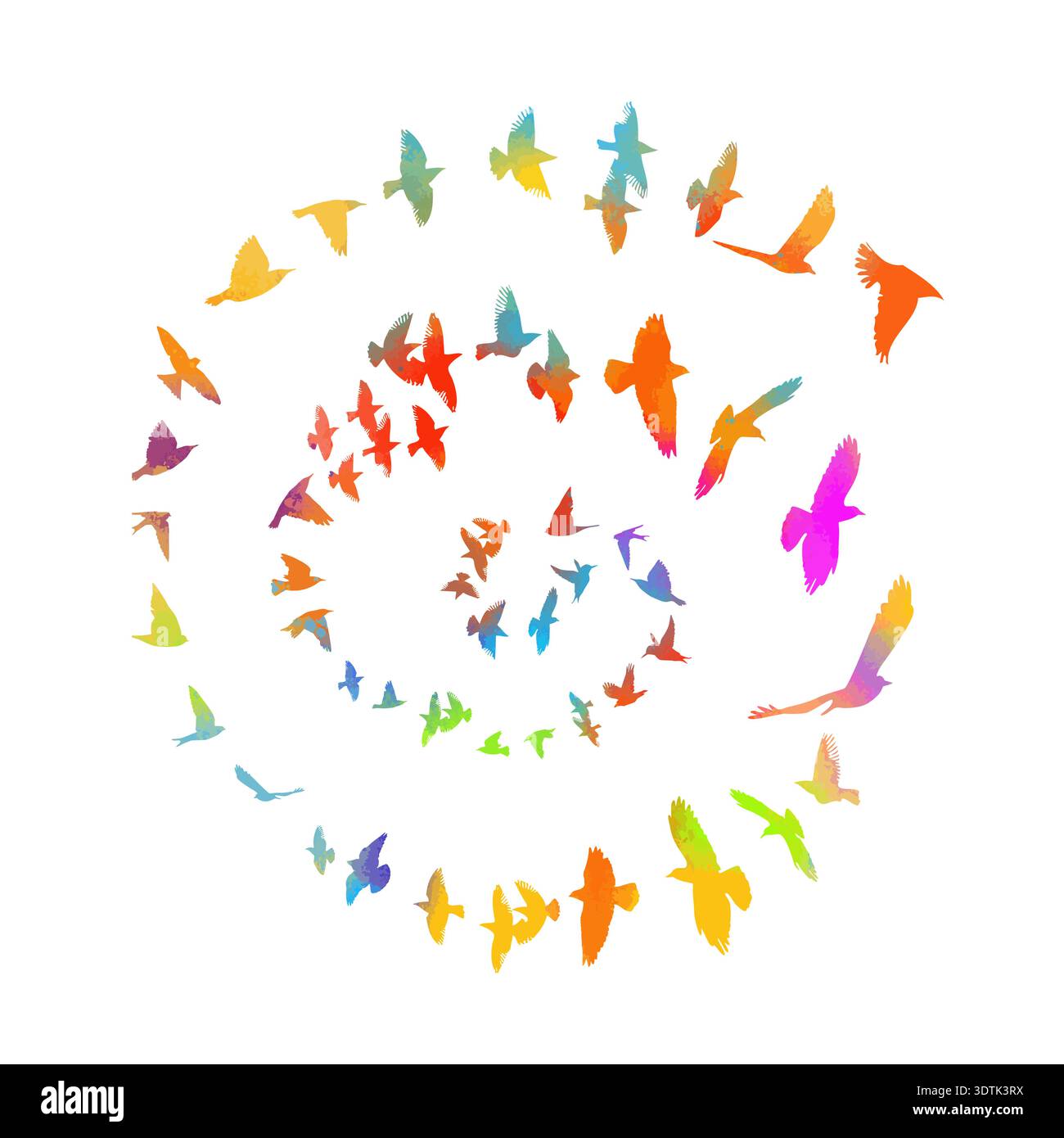 Uccelli colorati che volano in cerchio in una spirale . Disegnato a mano. Non ai, illustrazione vettoriale. Illustrazione Vettoriale
