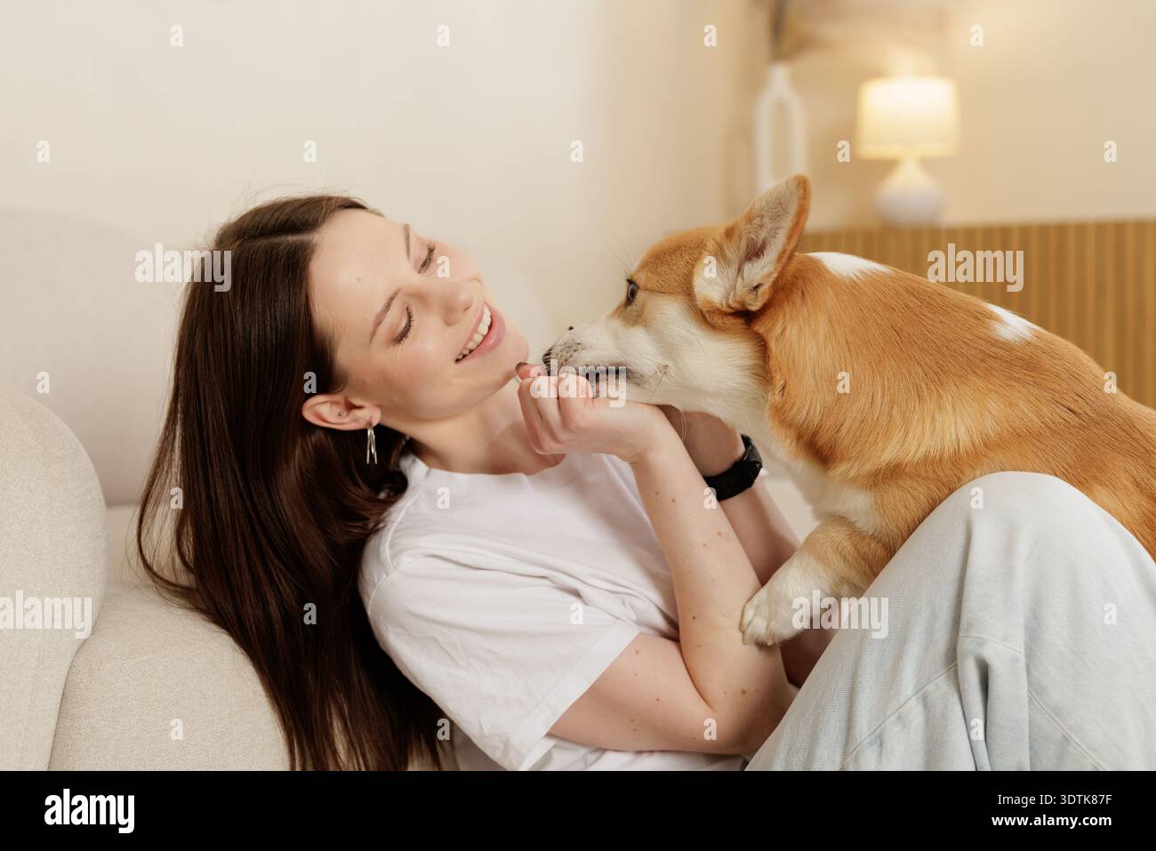 Donna sorridente seduta sul divano mentre il suo cane corgi si nutre del viso. Accogliente scena di vita interna che mostra affetto, compagnia ed emozione Foto Stock