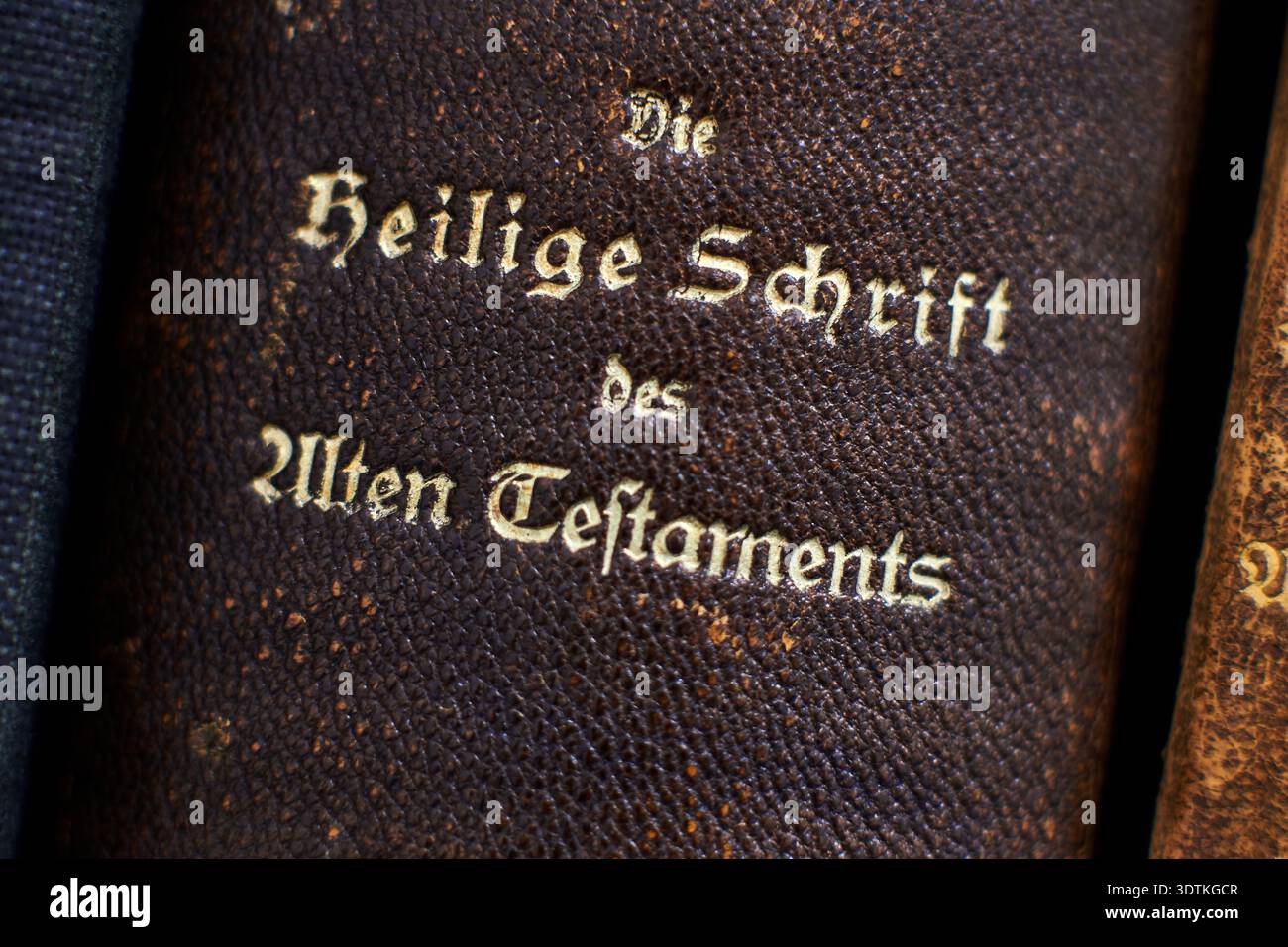 Uno scatto ravvicinato della spina dorsale di un libro antico, con il titolo "Die Heilige Schrift des Alten Testaments" (la Sacra scrittura dell'Antico Testame Foto Stock
