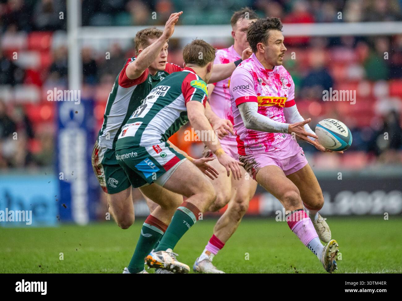 Gallagher PREM Men's Rugby, Leicester Tigers (Dark Green) V Harlequins (Pink), Mattioli Woods Welford Road, Leicestershire, Inghilterra, Regno Unito. Foto Stock