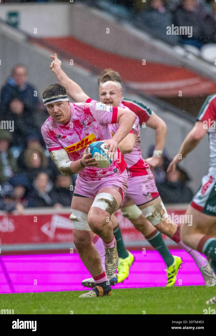 Gallagher PREM Men's Rugby, Leicester Tigers (Dark Green) V Harlequins (Pink), Mattioli Woods Welford Road, Leicestershire, Inghilterra, Regno Unito. Foto Stock