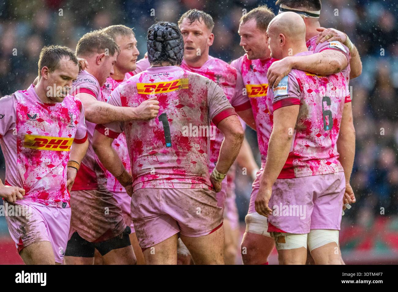 Gallagher PREM Men's Rugby, Leicester Tigers (Dark Green) V Harlequins (Pink), Mattioli Woods Welford Road, Leicestershire, Inghilterra, Regno Unito. Foto Stock