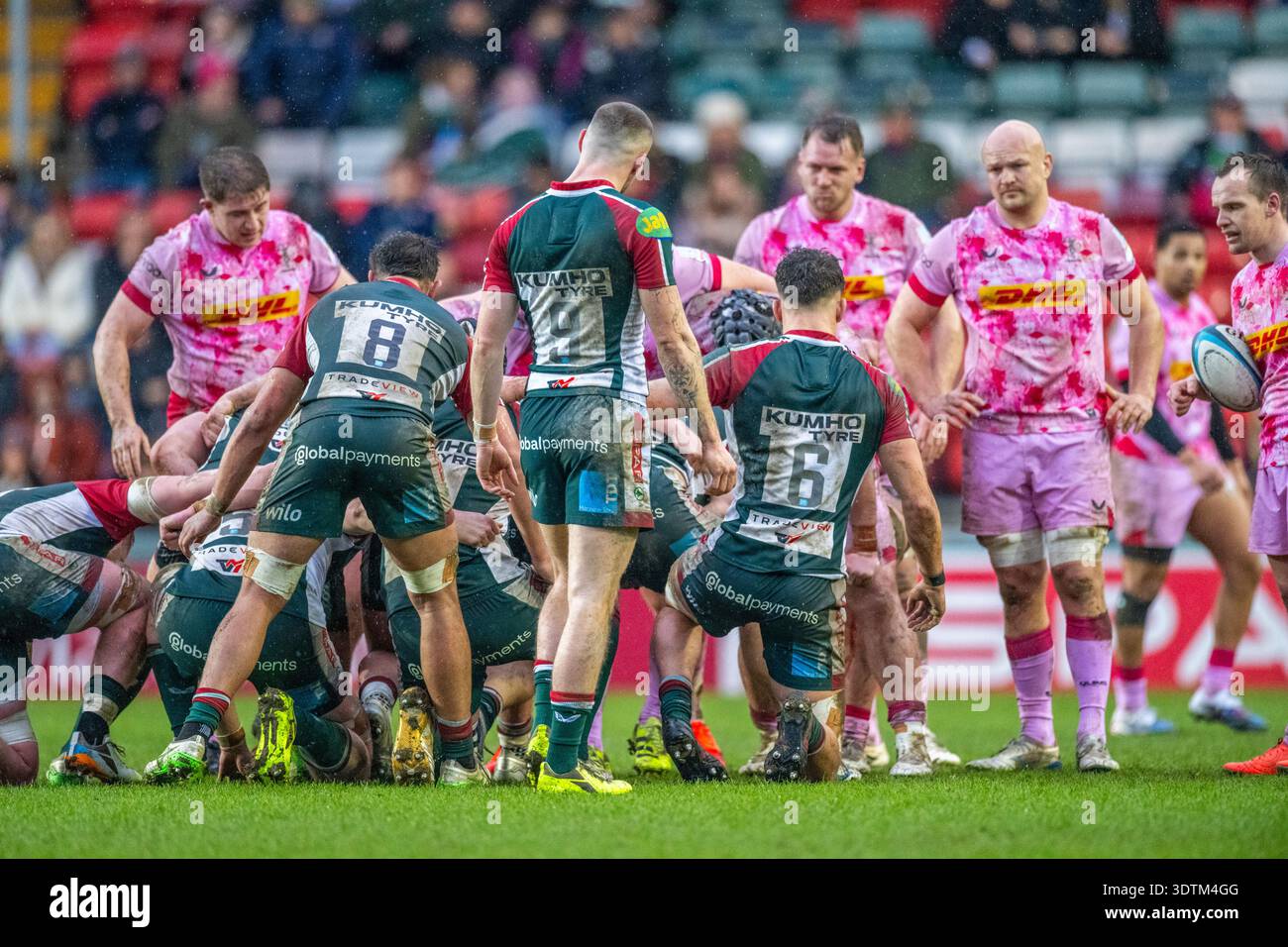 Gallagher PREM Men's Rugby, Leicester Tigers (Dark Green) V Harlequins (Pink), Mattioli Woods Welford Road, Leicestershire, Inghilterra, Regno Unito. Foto Stock