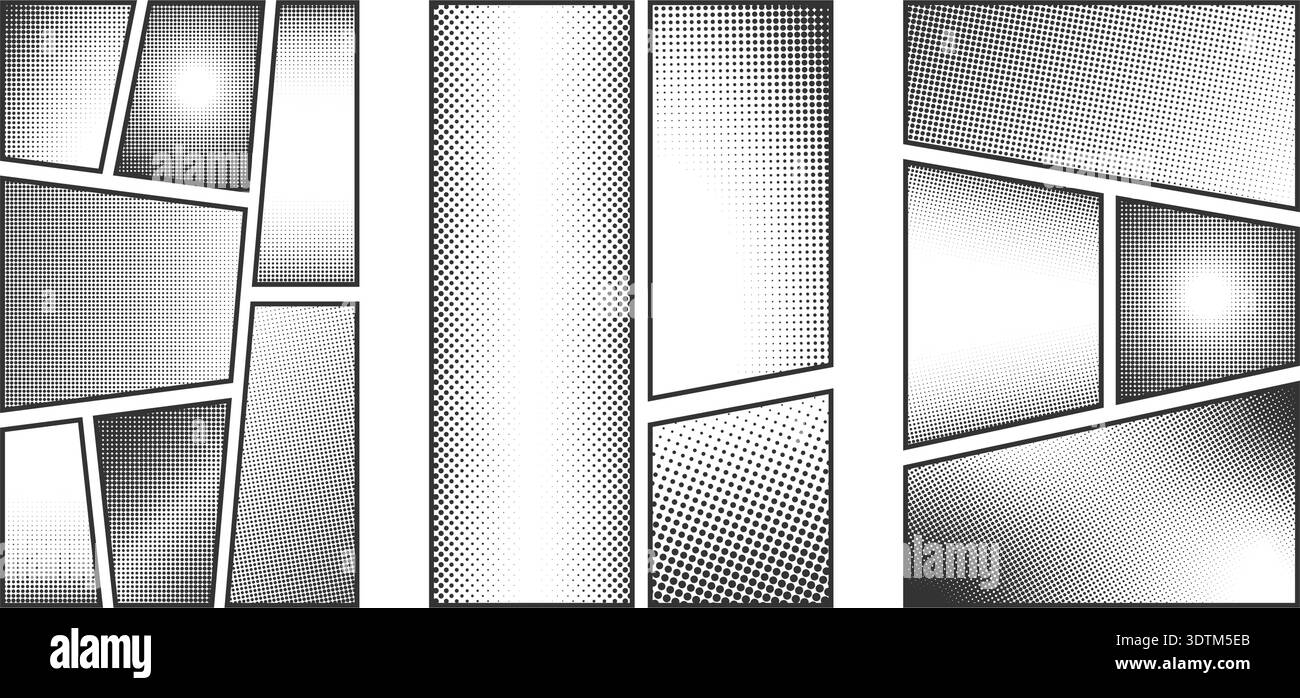 Set di pannelli manga fumetti con sfondi mezzitoni. Esempi di pagine animate anime con texture sfumate tratteggiate. Modelli storyboard con motivi a pois. Illustrazione grafica vettoriale. Illustrazione Vettoriale