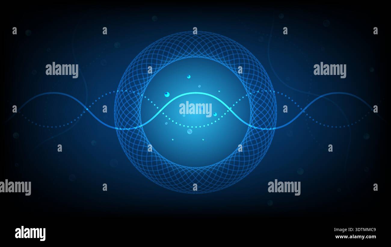 Sfondo astratto futuristico con onde blu brillanti e forme a griglia circolari, che simboleggiano il flusso di dati, l'energia e la tecnologia Illustrazione Vettoriale