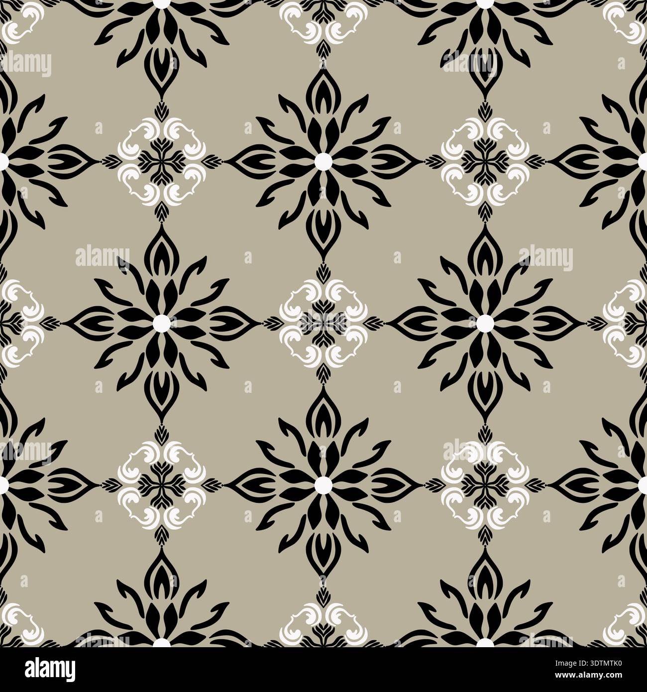 Eleganti motivi damascati floreali in bianco e nero con motivo a ripetizione senza cuciture, stile vintage per carta da parati e tessuti Illustrazione Vettoriale