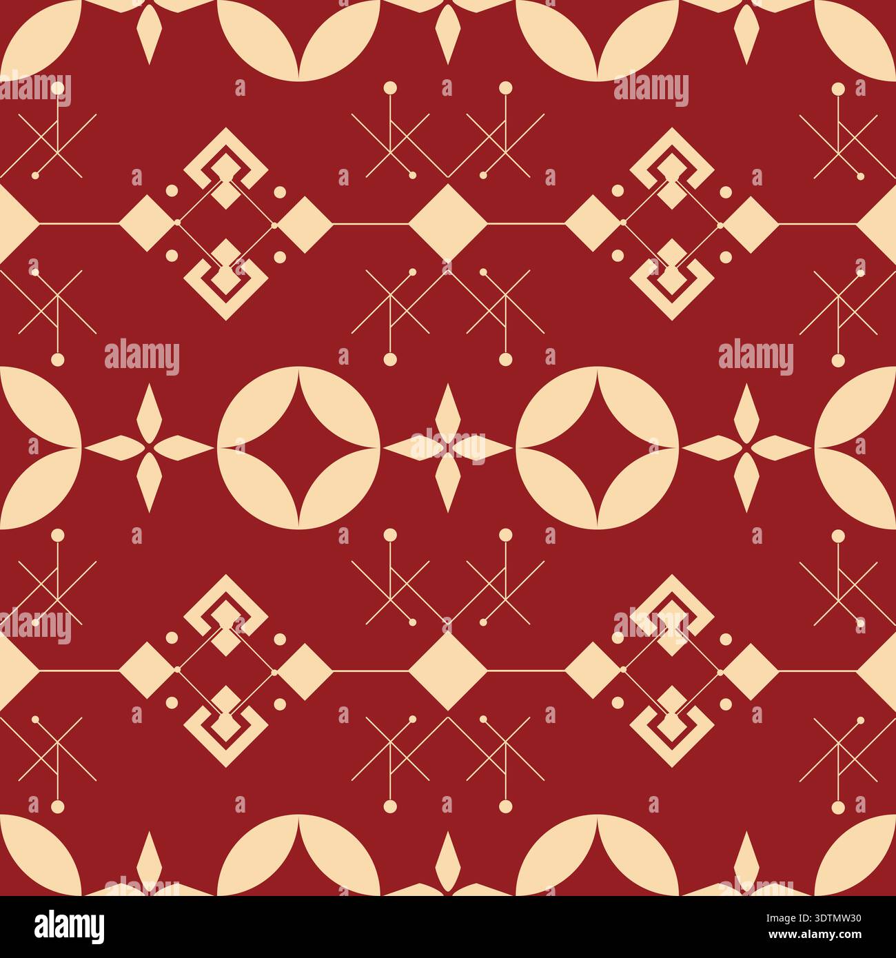 Pattern minimalista senza cuciture con icone geometriche, cerchi e simboli lineari su sfondo rosso scuro Illustrazione Vettoriale