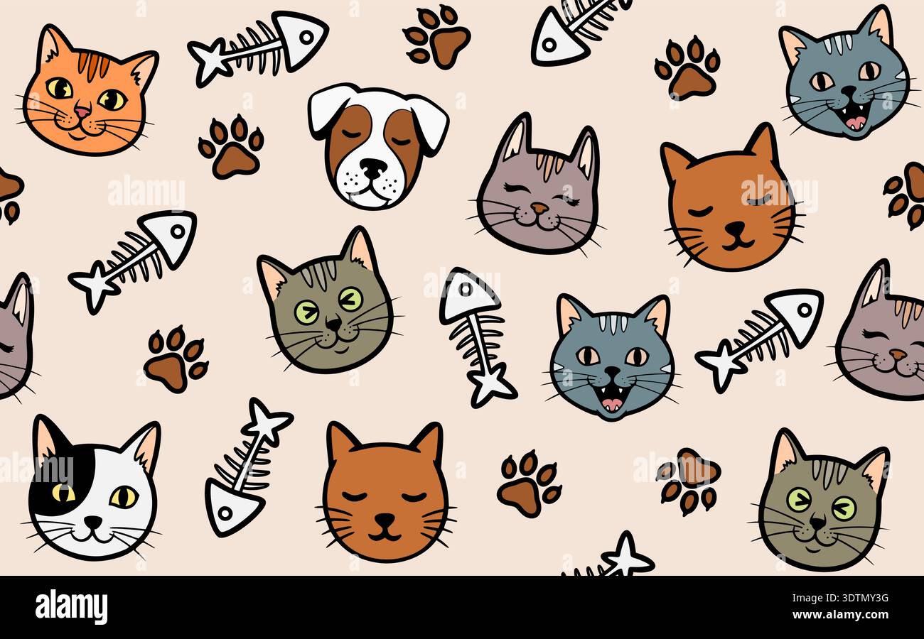 Un divertente e affascinante motivo senza cuciture con varie espressioni di gatto e cane disegnate a mano. Illustrazione Vettoriale