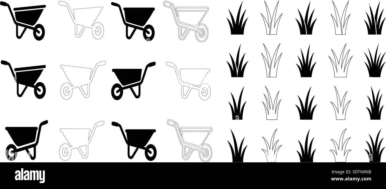 Set icone carriola e silhouette in erba Black and White Garden Vector Collection Illustrazione Vettoriale