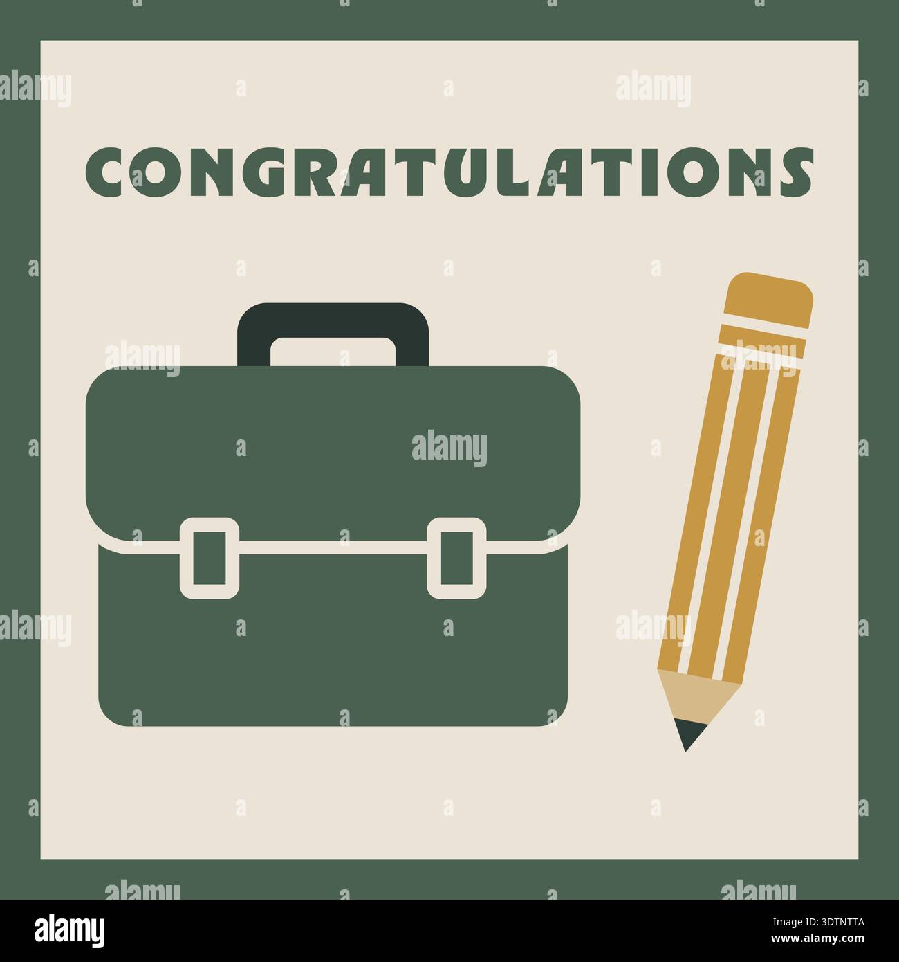 Scheda di congratulazioni con una valigetta e una matita come simbolo di carriera e successo Illustrazione Vettoriale