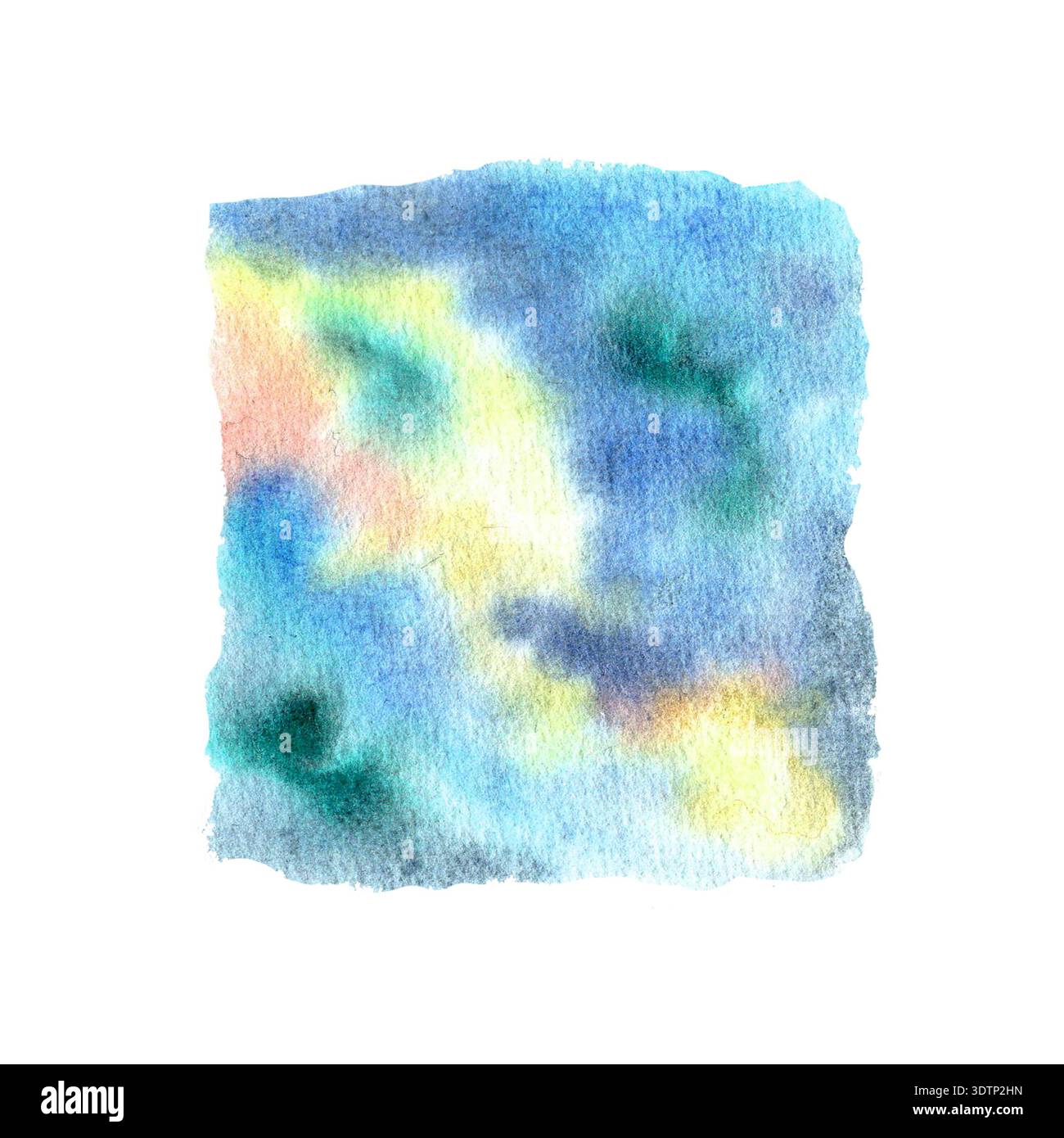 Pittura astratta ad acquerello con una miscela di blu, giallo, verde e rosa su uno sfondo testurizzato che crea una composizione artistica serena e rilassante Foto Stock